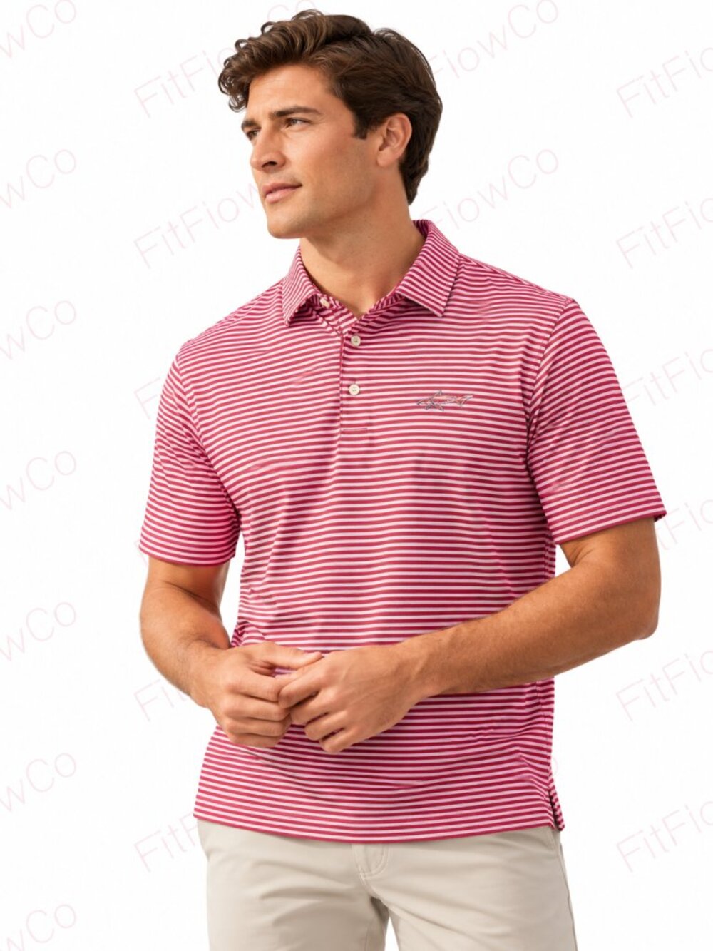 Greg Norman PlayDry Men’s M Red White Striped Golf Polo Shark Logo